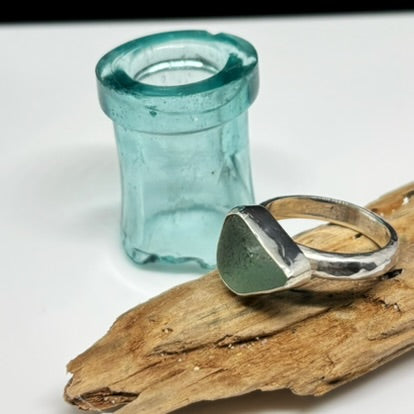 Deep Aqua Sea Glass and Silver Ring