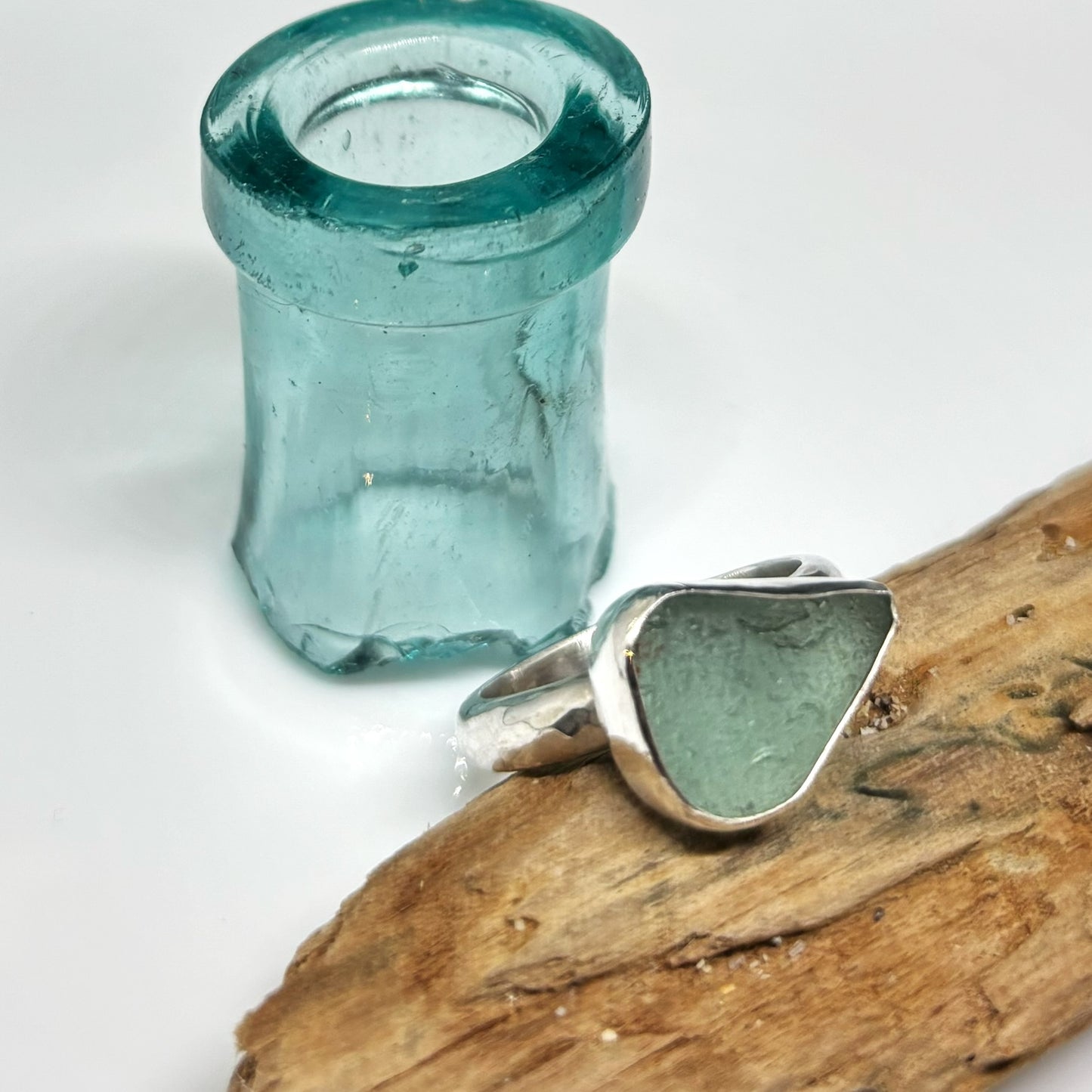 Deep Aqua Sea Glass and Silver Ring