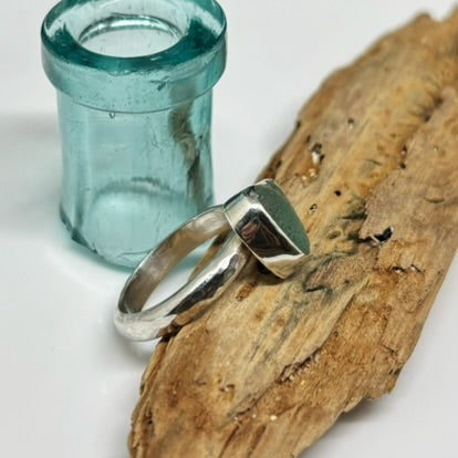 Deep Aqua Sea Glass and Silver Ring