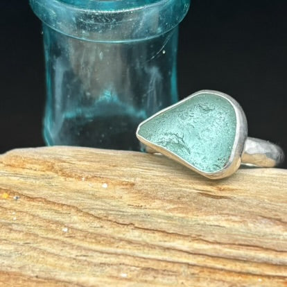 Deep Aqua Sea Glass and Silver Ring
