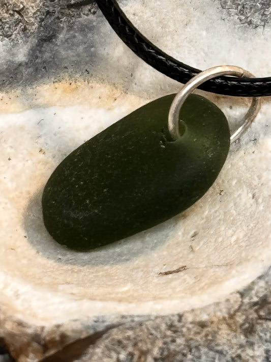 Deep Green Sea Glass Pendant | Hand-Drilled Cornish Coastal Jewellery