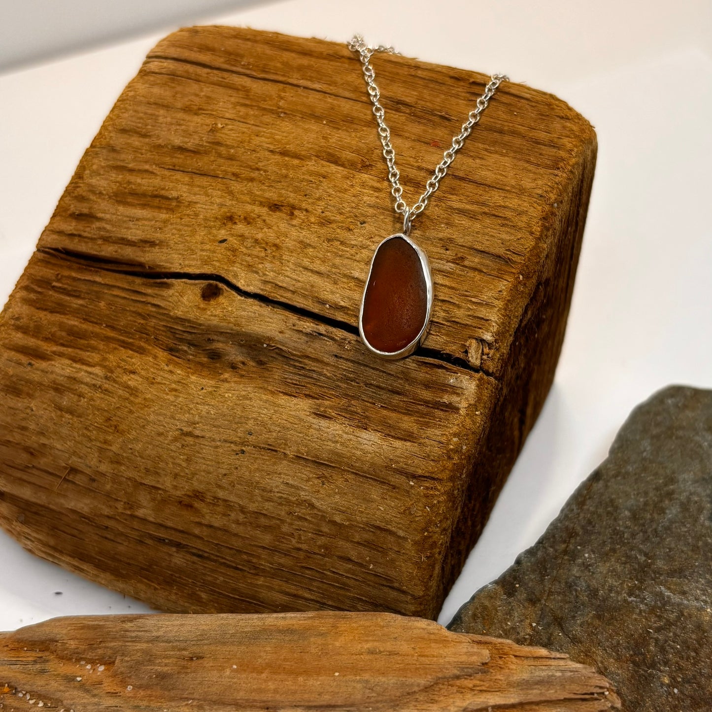 Amber Coloured Sea Glass and Silver Pendant