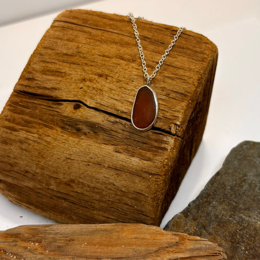Amber Coloured Sea Glass and Silver Pendant