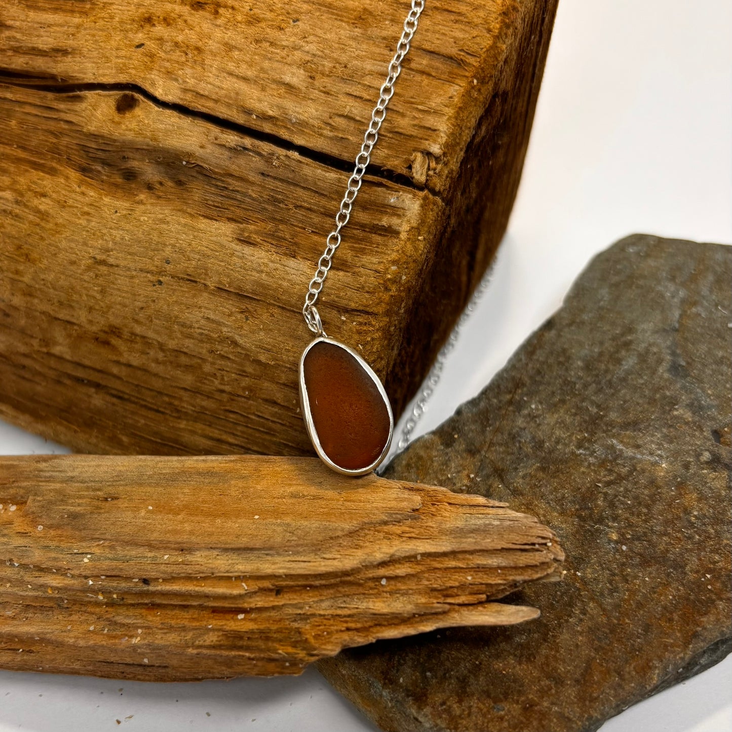 Amber Coloured Sea Glass and Silver Pendant