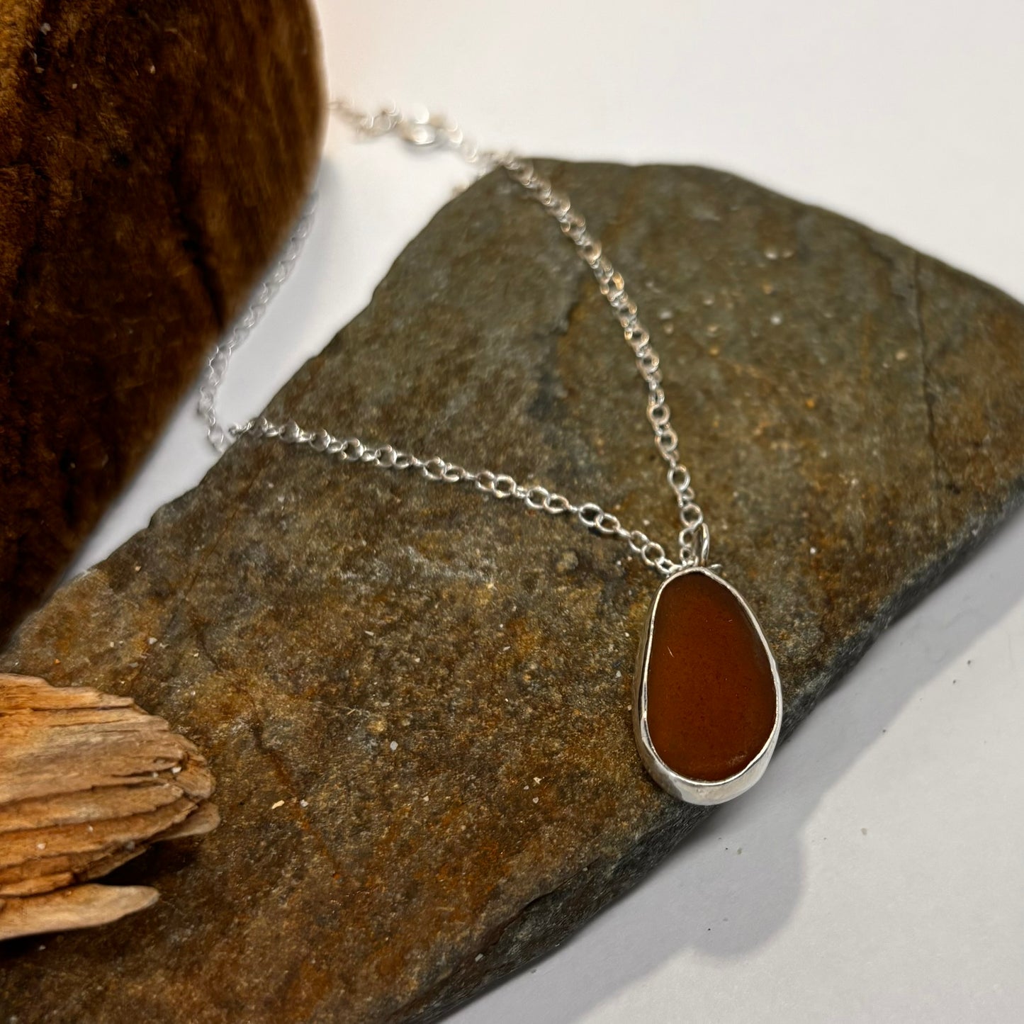 Amber Coloured Sea Glass and Silver Pendant