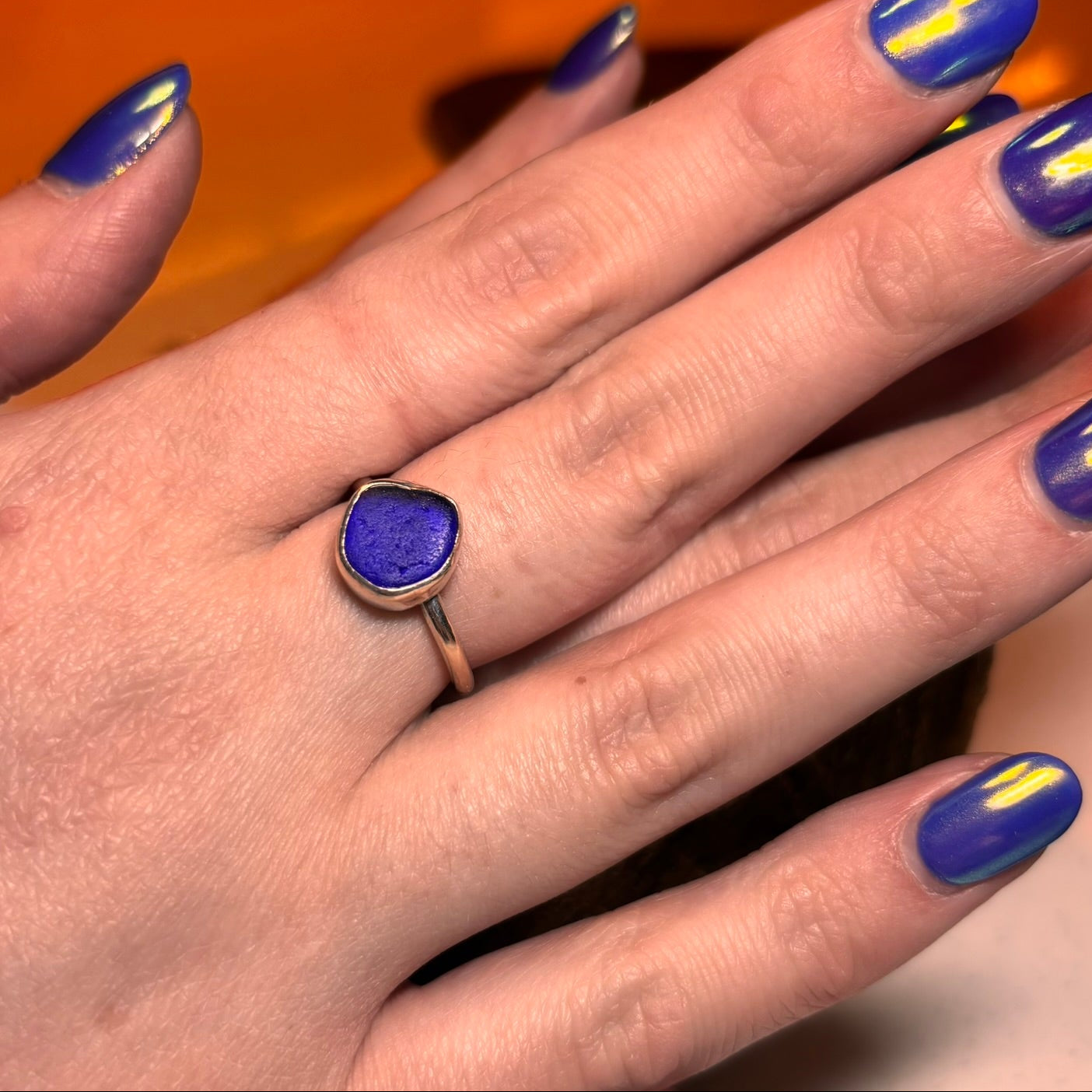 blue sea glass and silver ring