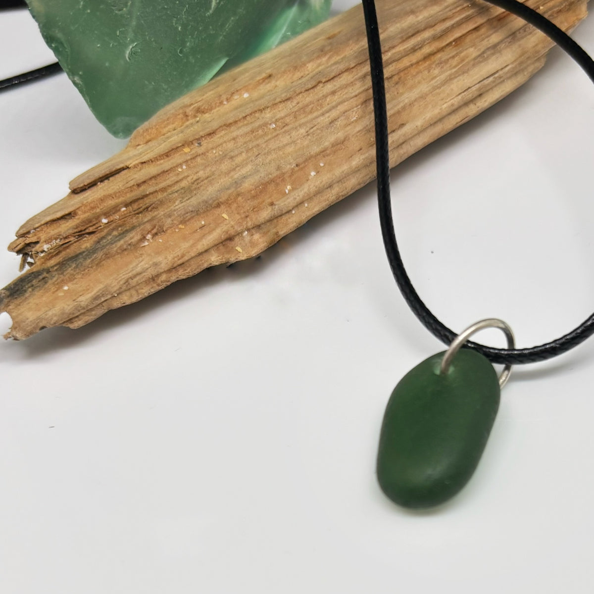 Deep Green Sea Glass Pendant | Hand-Drilled Cornish Coastal Jewellery